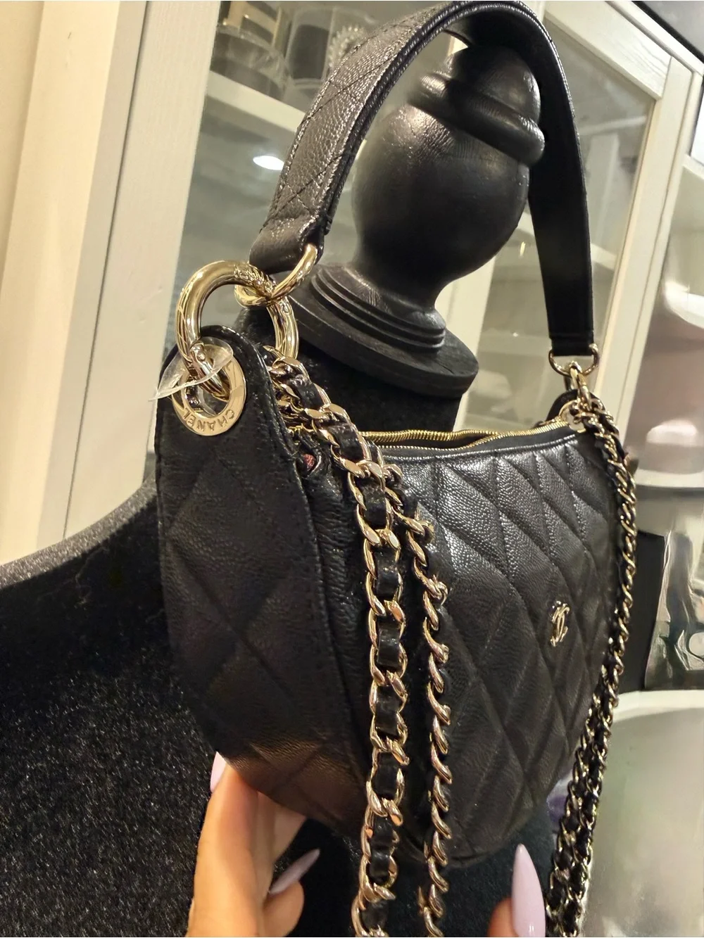 CHANEL Black Quilted Half Moon Shoulder Bag with Chain Strap Champagne Hardware